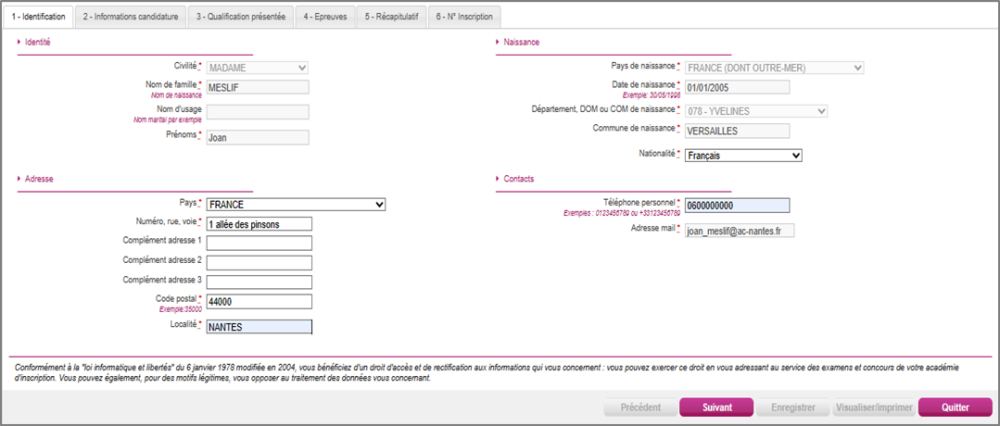 Onglet décrivant les éléments d'identification du candidat (identité, informations de naissance, adresse et contact)