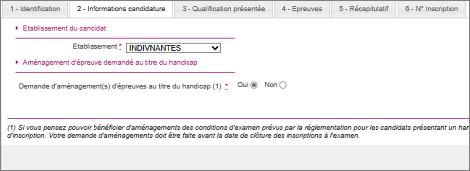 Onglet décrivant les informations de la candidature (type, établissement, etc.)