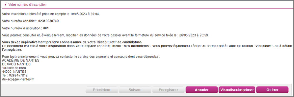 Dernier onglet du parcours récapitulant les informations d'inscription (numéro candidat, numéro d'inscription, etc.)